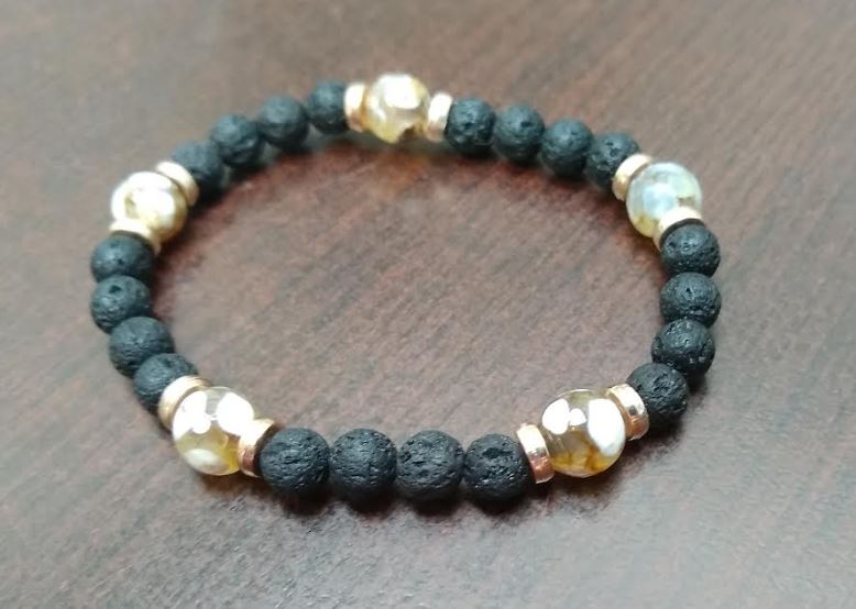 Dzi Agate and Black Lava Rock Stretch Bracelet