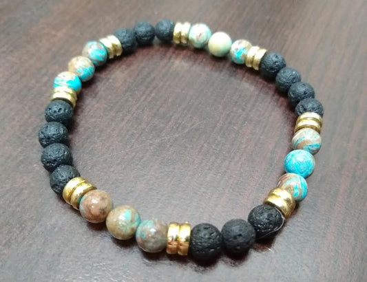 Flower Agate and Lava Rock Stretch Bracelet