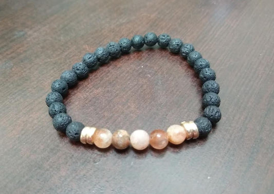 Flower Sunstone Stretch Bracelet with Lava Beads